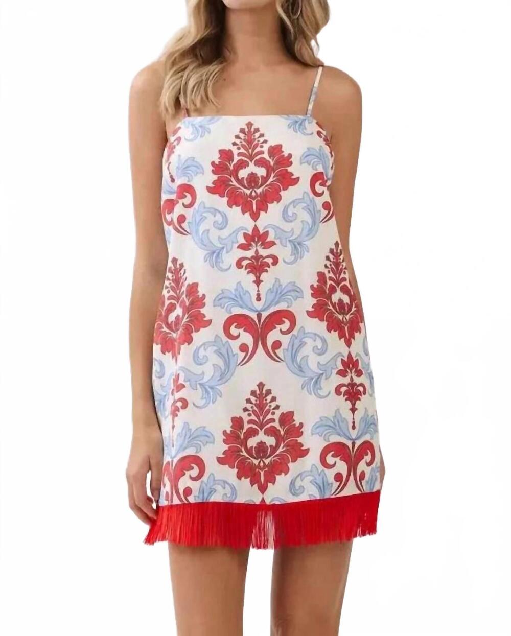 NEW TCEC bloom fringe dress in red/blue